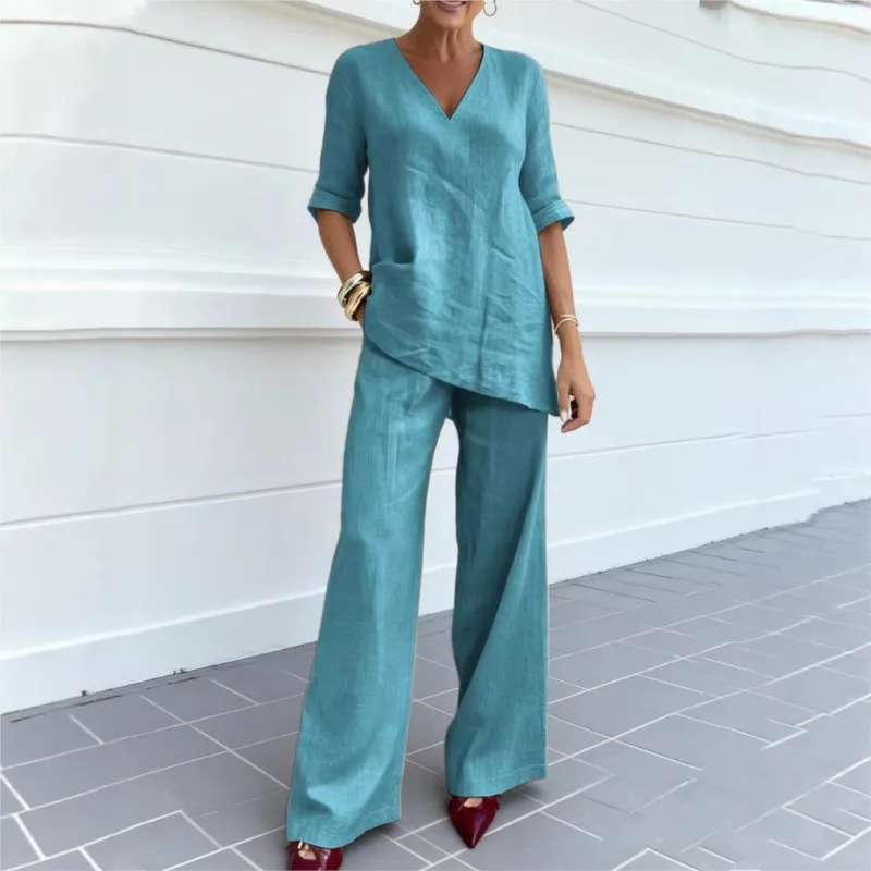 

Summer Casual Solid Two-piece Set For Women Fashion V-neck Loose Top+wide Leg Pants Two-piece Suit Lady Foreign Style Office Set