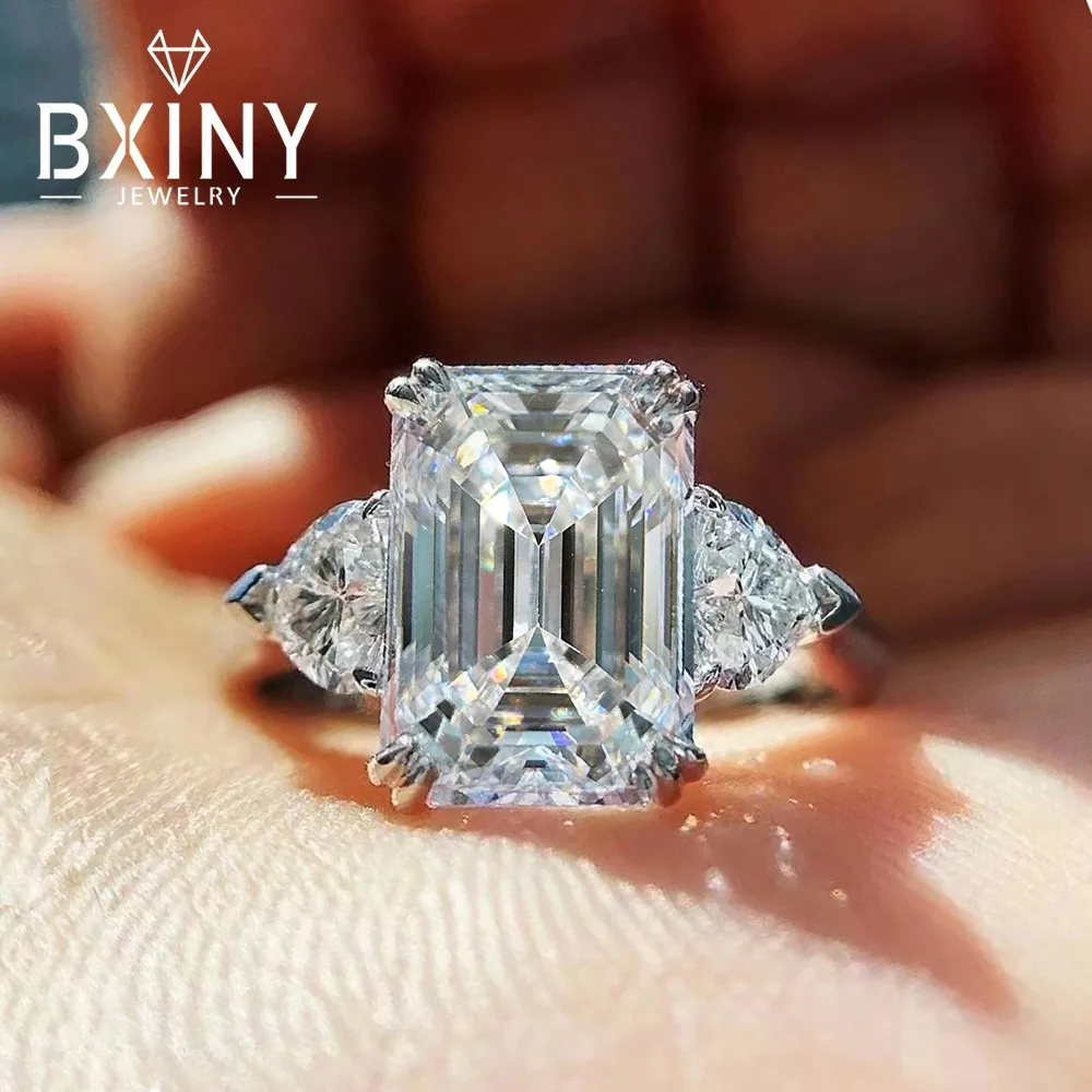 

BXINY GRA Certified 4CT Emerald Cut Moissanite Rings 100% S925 Silver for Women 3-Stone Diamonds Wedding Band Gifts Fine Jewelry