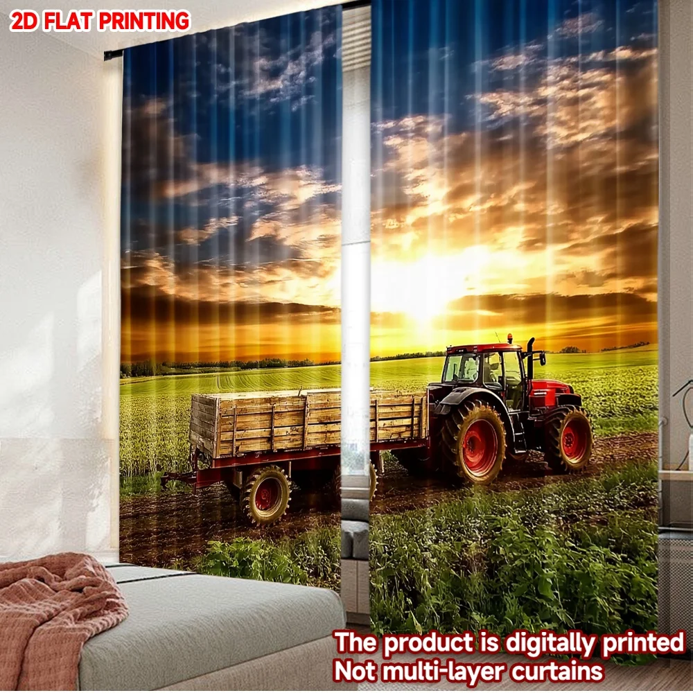2pcs Sunset Tractor Curtains 2D Flat Digital Printing, Red Tractor with Wood Cart in Countryside Field for Rustic Bedroom Decor