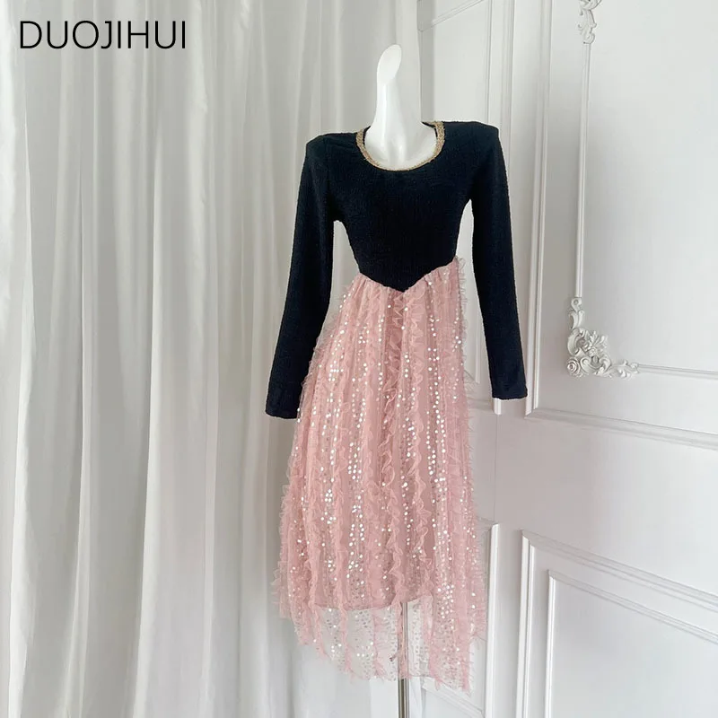 

DUOJIHUI Ins O-neck Spell Color Chicly Sequin Female Dresses French Basic Long Sleeve Sweet Simple High Waist Slim Women Dresses