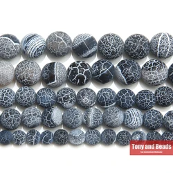 Natural Stone Frost Crab Black Agate Round Loose Beads 6 8 10 12MM Pick Size For Jewelry Making