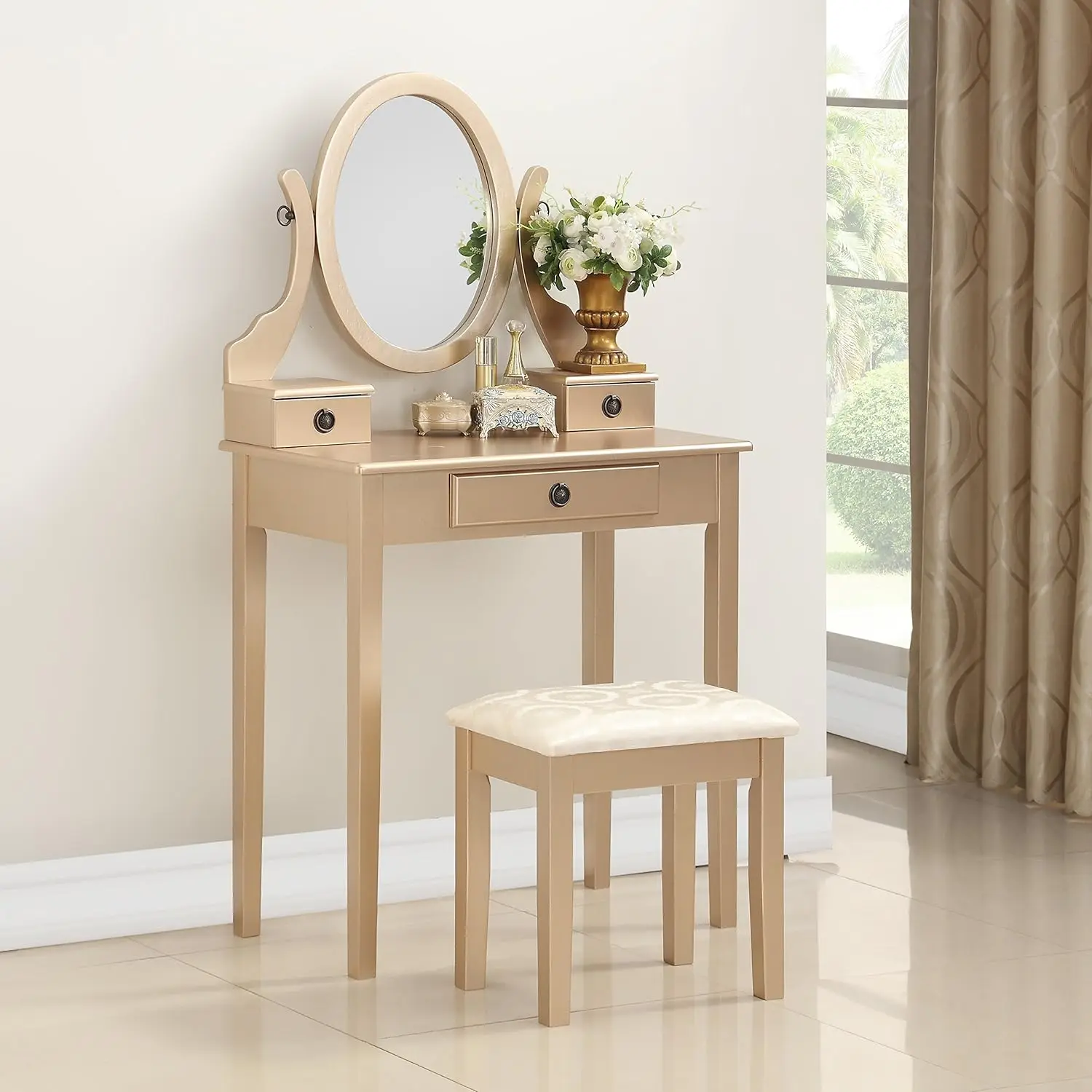 

Moniys Wood Moniya Makeup Vanity Table and Stool Set, Gold vanity table with drawers, Dressers