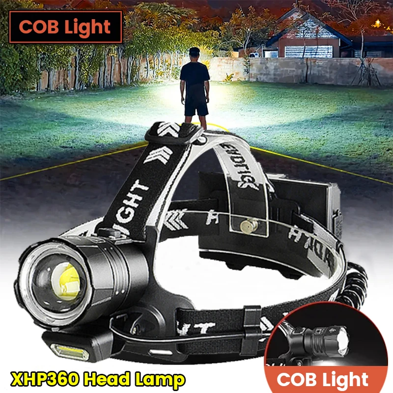 2023 Newest Super Powerful Headlamp XHP360 Rechargeable Head Lamps LED Headlight High Power Head Flashlight USB Camping Lantern