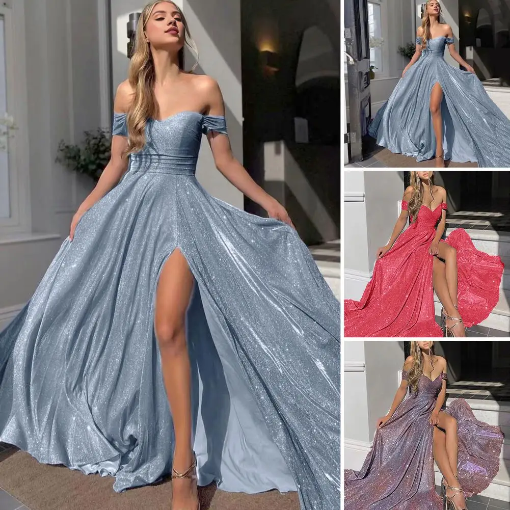 Frauen Abendkleid aus der Schulter Bandeau rücken frei ärmel los glänzend Pailletten Split Saum Big Swing Prom Party Maxi kleid Ballkleid