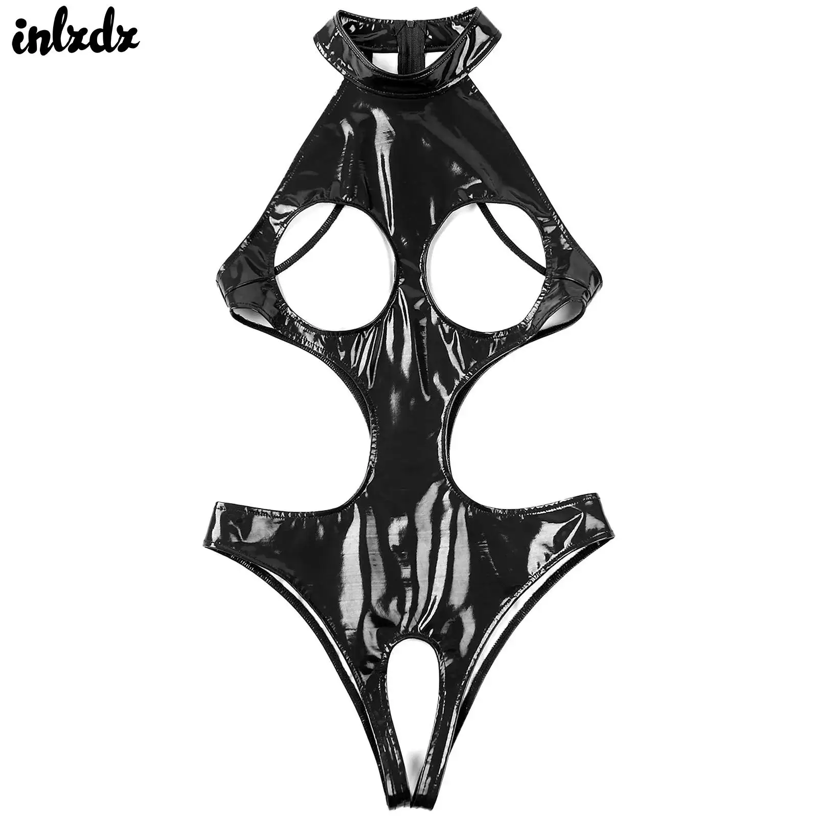 

Сексуальное Женское боди из лакированной кожи с вырезами, открытая чашечка, бюстгальтер без косточек, эротическое нижнее белье, цельное нижнее белье, боди для Babydoll