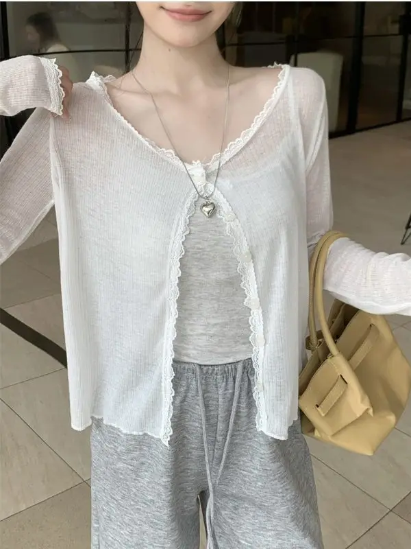 

Sweet And Spicy Lace Patchwork Button Long Sleeve Sun Protection Open Cardigan Women's Summer Slim Fit Shoulder Top