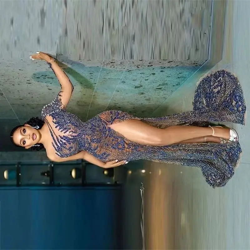 

Aso Ebi One Shoulder Evening Gowns African Women High Slit Wedding Party Dress Sweep Train Sparkly Lace Mermaid Prom Dresses