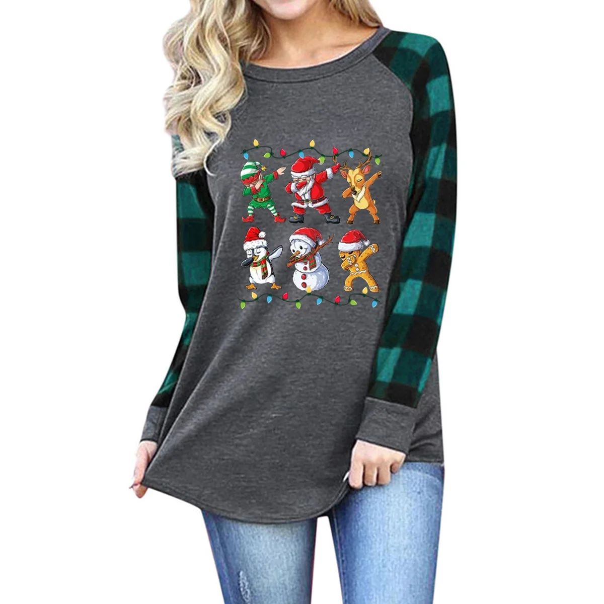 

Women's Santa Claus Pattern Printed Round Neck Raglan Long Sleeve T-shirt Women's Loose and Versatile Elegance and Personality