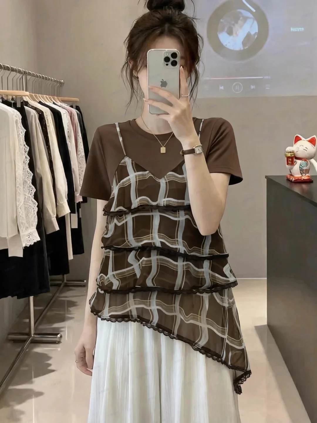 Slimming Plaid Patchwork Short Sleeve T-Shirt Women's Base Shirt Summer New Large Size Fat MM Irregular Top Korean Style Commute