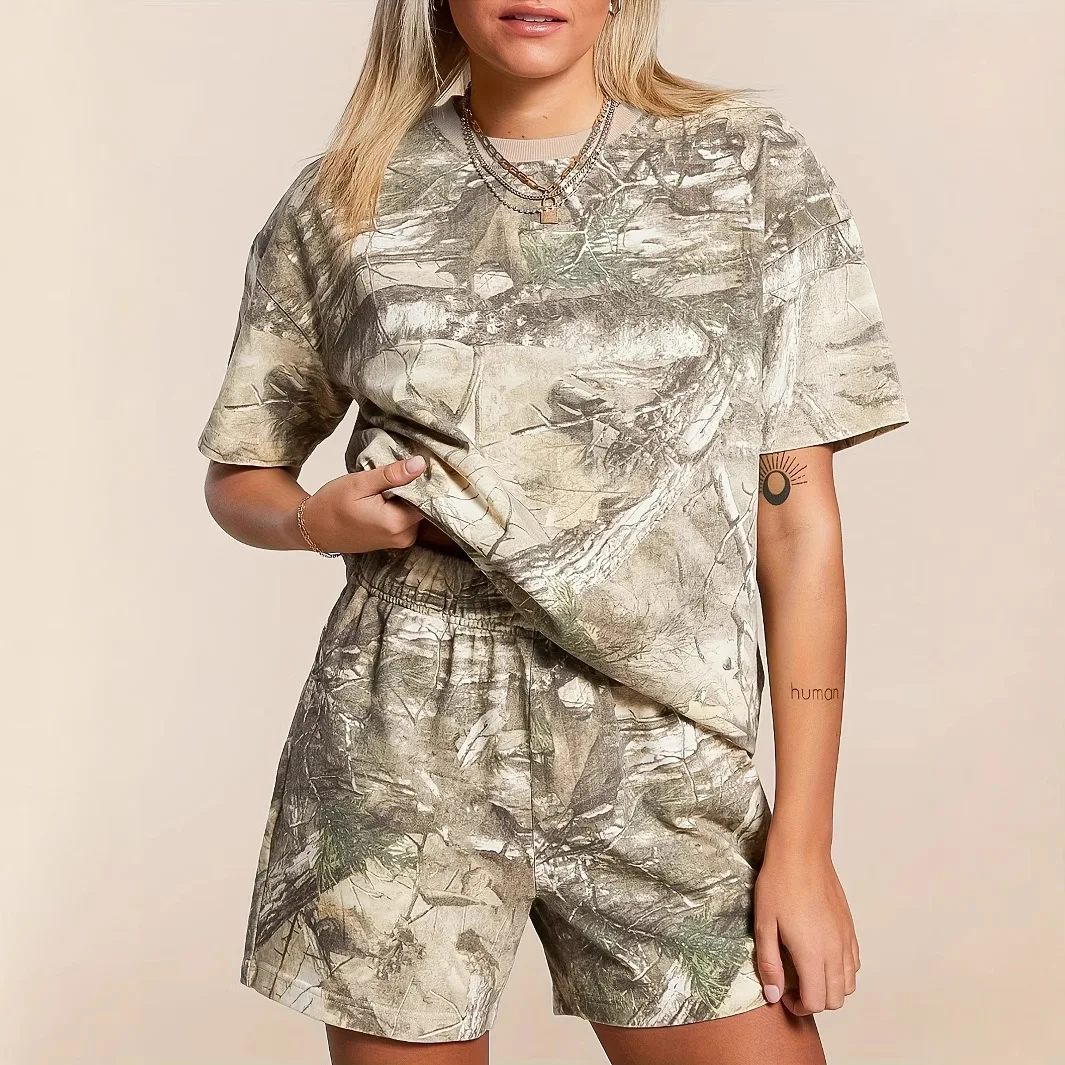 2026 Fashion Camouflage Pattern Printing Shorts Set Women Summer New Short Sleeve O-neck T-shirt Casual 2 Piece Set