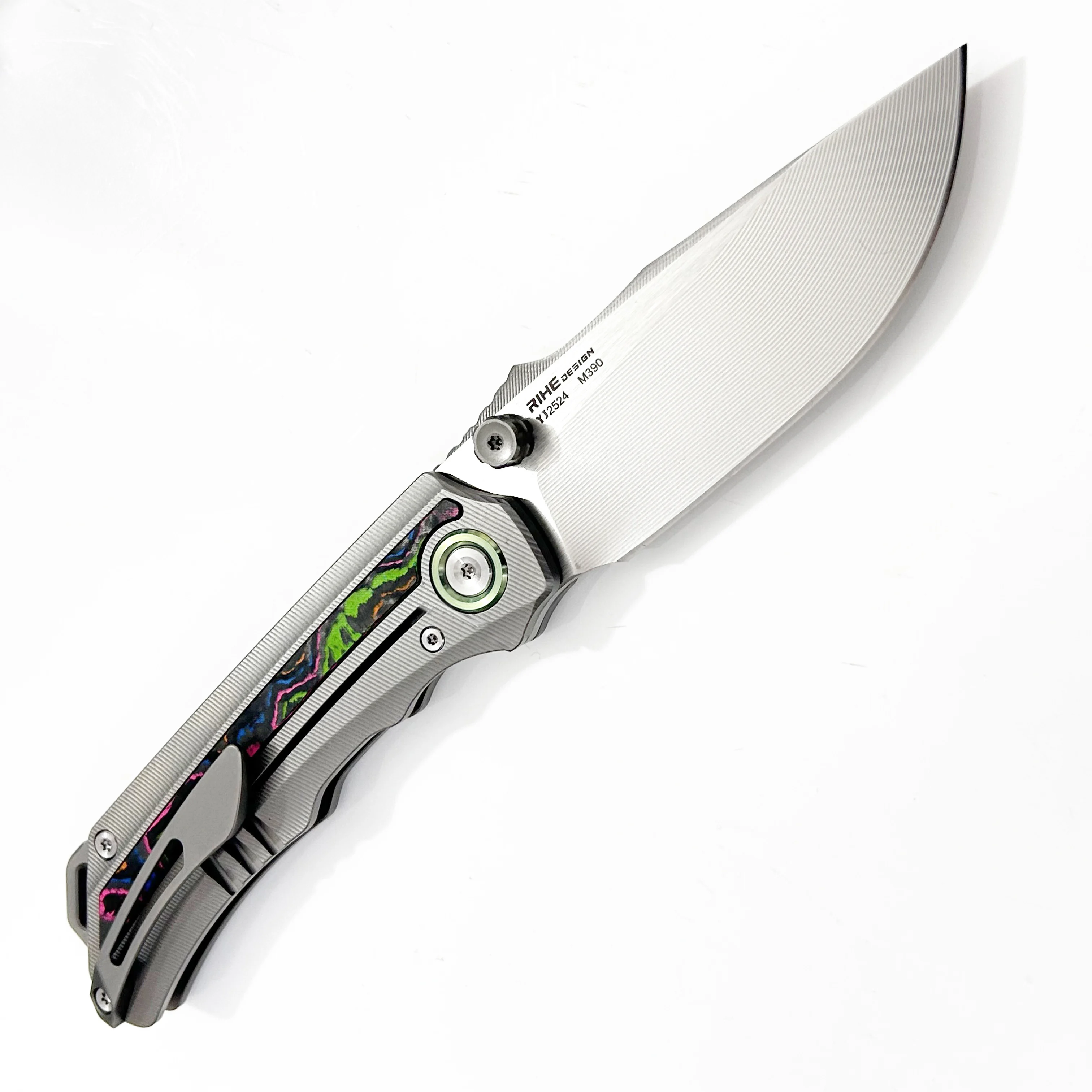 Color Carbon Fiber Inlay Folding Knife Austrian M390 Bohler Treated TC4 Titanium Clip Ceramic Bearings 155g EDC Tool