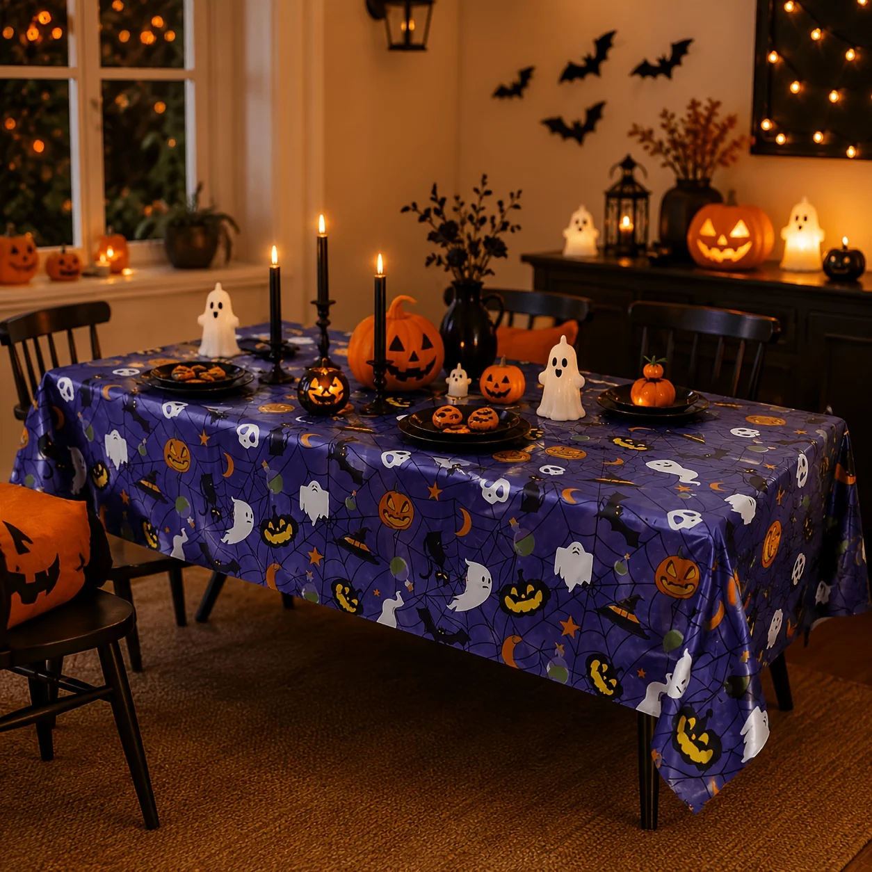 Halloween Disposable Plastic Tablecloth, Purple Pumpkin Ghost Bat Spider Web Pattern Rectangular Tablecloth, Suitable for Hallow
