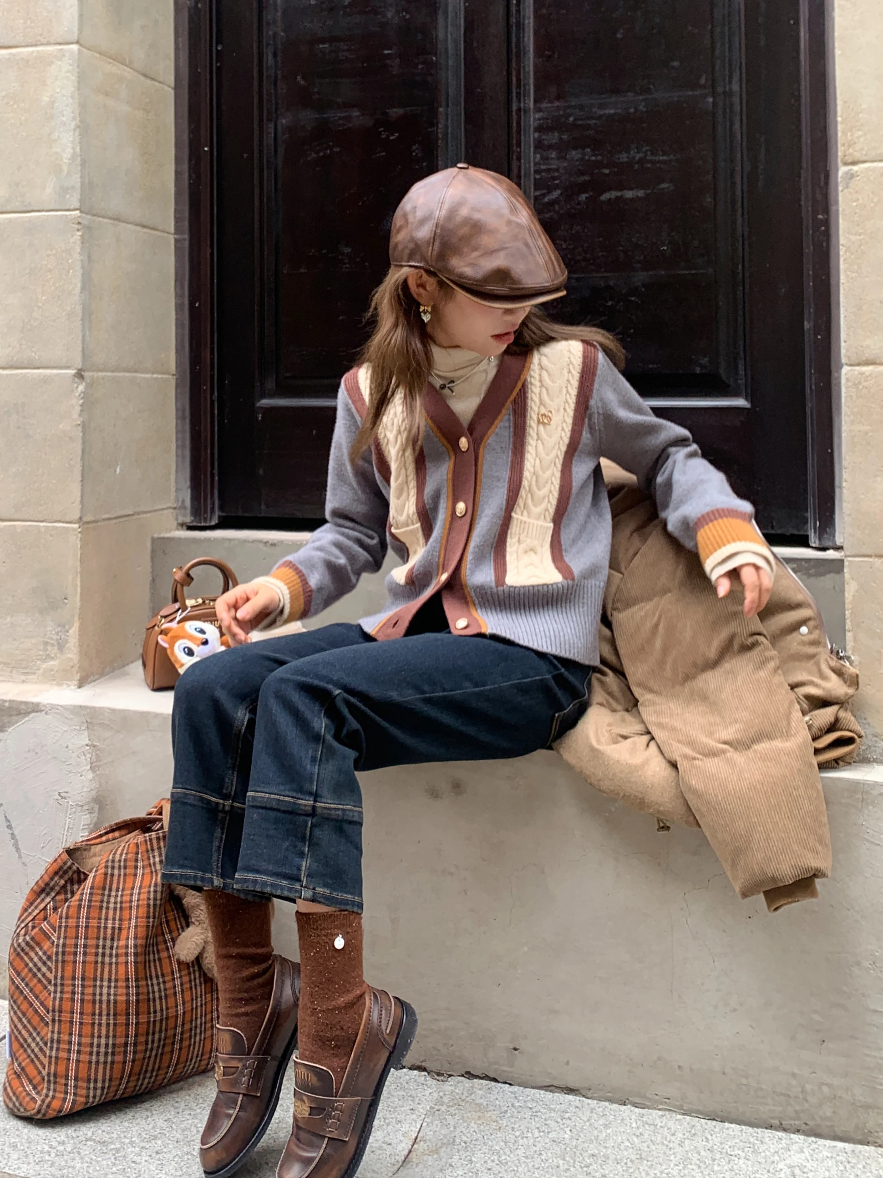 

Deemo Studio Autumn Winter Versatile Layering Sweater Color Blo Ceiling Mural Retro Match All Directions Women's Cardigan