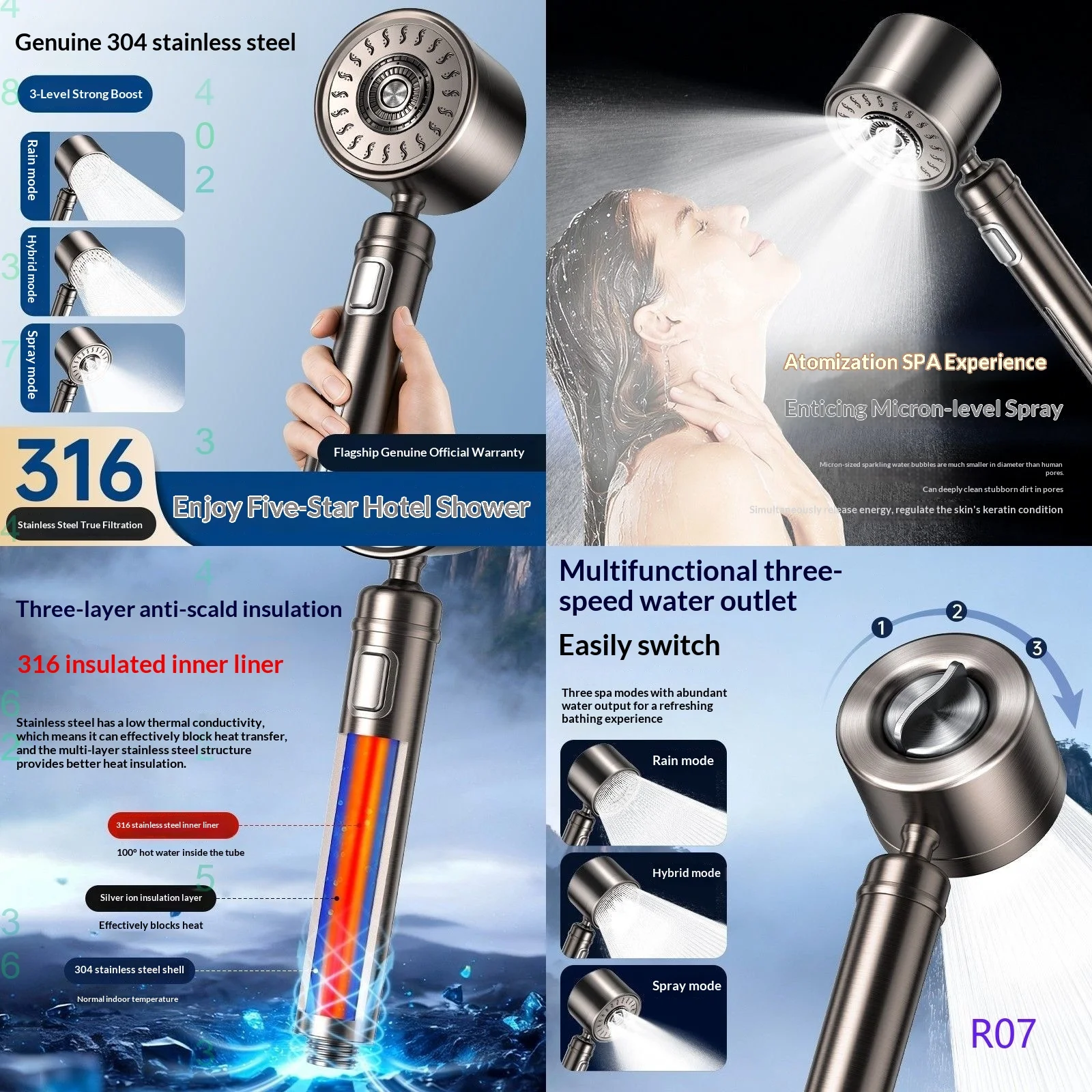 304 Stainless Steel High Pressure Shower Head with Sunflower Water Outlet for Bathroom
