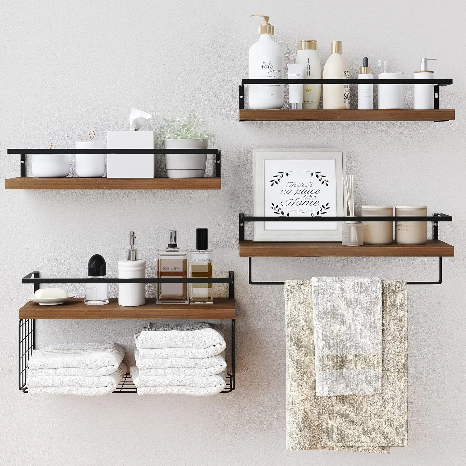 

Wood Floating Shelves Wall Mounted - 4+1 Tier Rustic Bathroom Wall Shelves Over Toilet with Wire Storage Basket and Tow