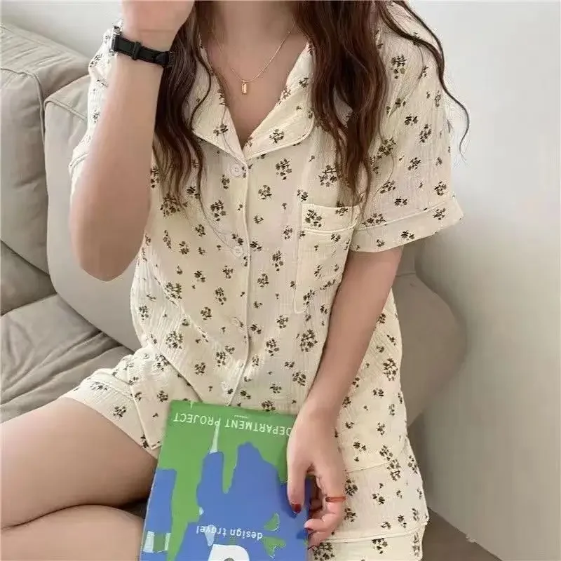 Flroal Sleepwear Women Pajamas Shorts Set Korean Style Pocket Pijama Set 2 Pieces Summer Nightwear Button Home Suit Pijama 2024