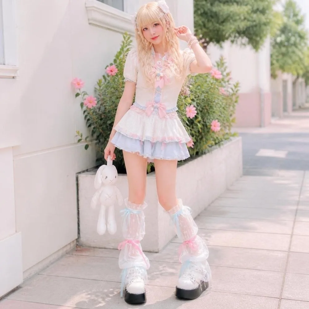Mesh Fabric Leg Warmers Ruffled Trim Double Ribbon Bow Calf Covers Solid Color Stretch Knit Knee High Socks Harajuku Streetwear