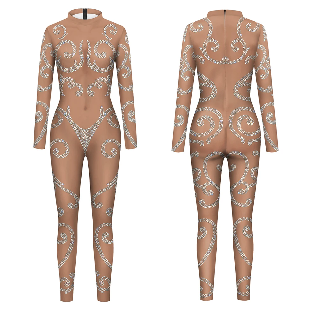 VIP FASHION Huidskleur Strass Print Jumpsuit voor Vrouwen Elegante Zentai Body Lady Festival Catsuit Cosplay Party Kostuum