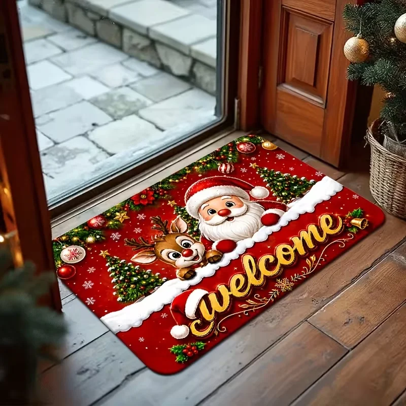 Santa Reindeer Christmas Welcome Rug Golden Script Typography Kitchen Floor Mat Xmas Porch Entryway Apartment Area Rug
