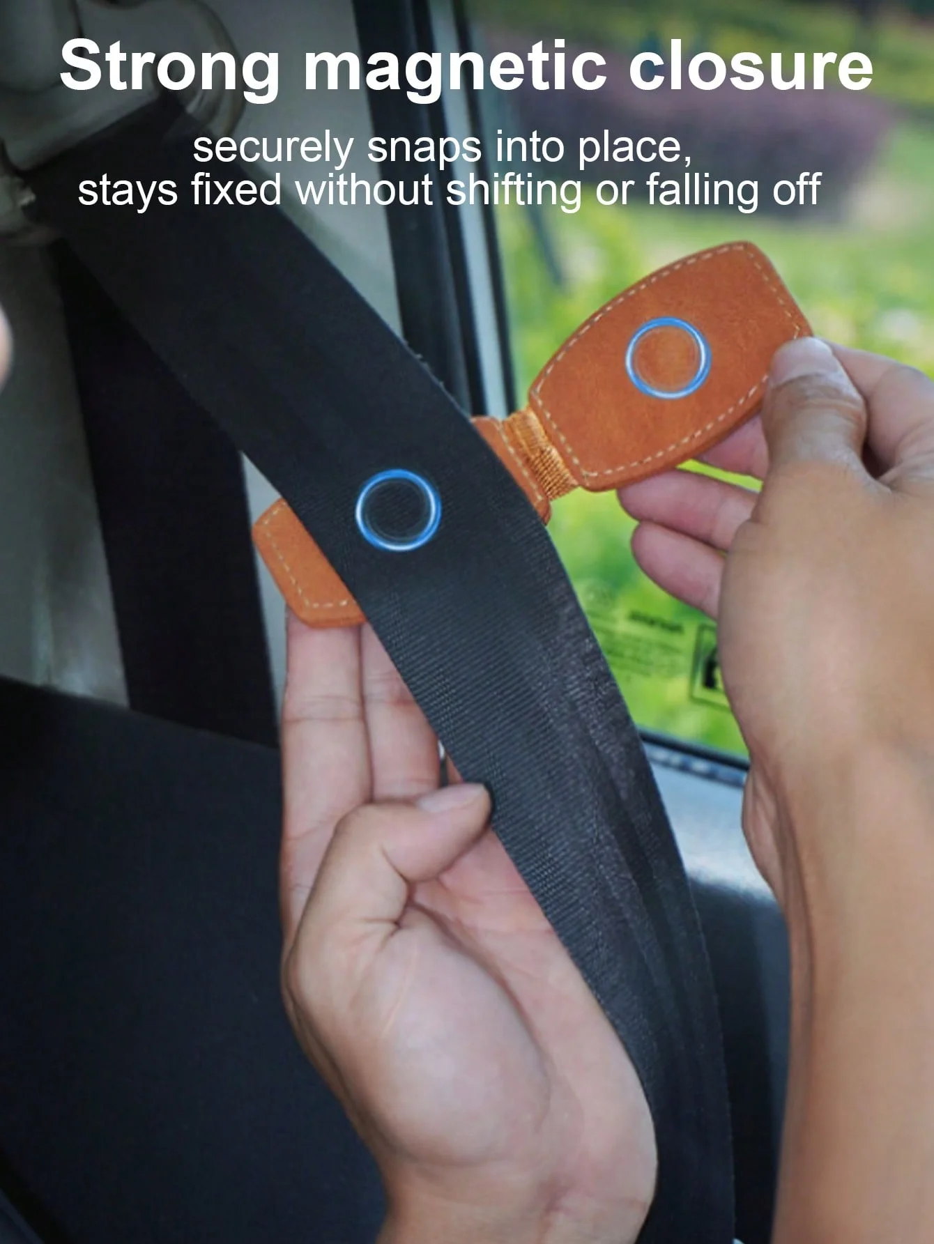 أداة ضبط حزام الأمان المغناطيسية - نسيج الكانتارا الناعم، تصميم غير قابل للانزلاق، حامل مغناطيسي قوي - يقلل من الضغط، ويعزز الراحة،