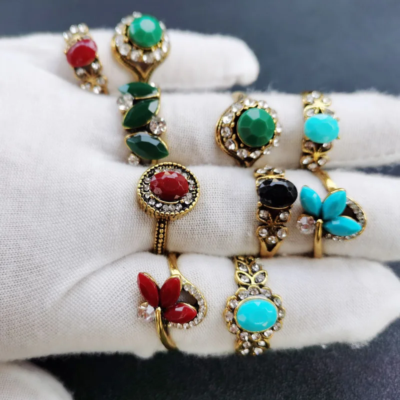 

30pcs Bohemian Punk Gothic Ring Women Blue Green Stone Rings Antique Accessories Vintage Tibetan Jewelry