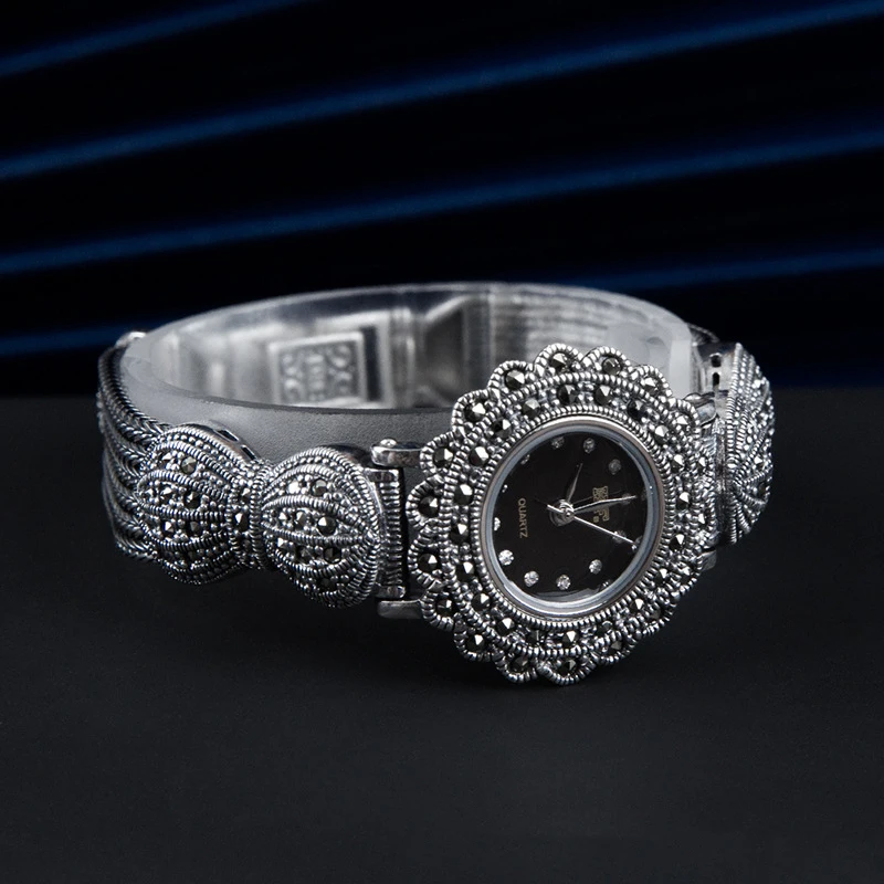 Jade Angel New 925 Sterling Silver Round Flower Design Wristwatch Vintage Marcasite Watch Bracelet for Women Luxury Jewelry Gift