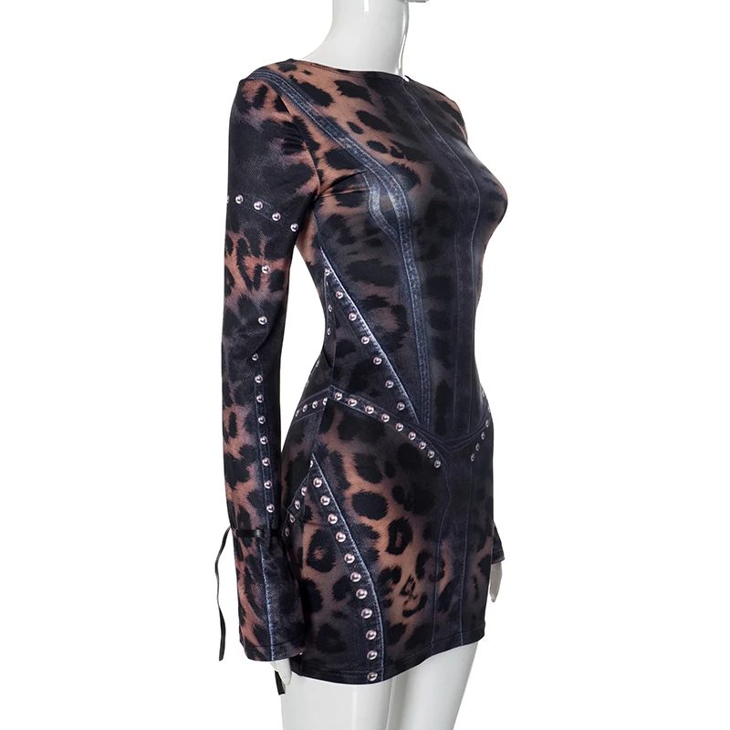 CUTENOVA 2024 Autumn And Winter New Women'S Fashion Leopard Print Slim Flared Long-Sleeved Package Hip Short Skirt Dresses Y2K image 6