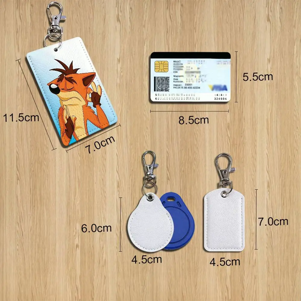 Orange bandicoot Crash Bandicoot Rectangle ID Card Case Keychain Access Card Bag Key Tag Ring Leather Card Holder Key Ring