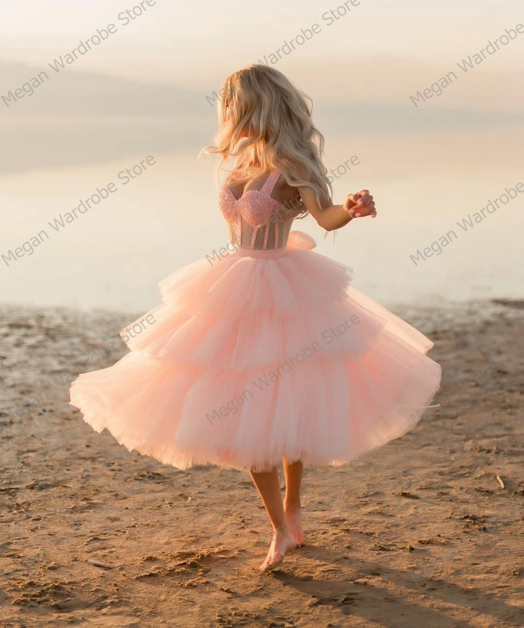 Pretty Sweet Pink Knee Length Prom Gowns Sling Tiered Ruffled Tulle Dresses Lace Up Back Mesh Women Dresses vestiti