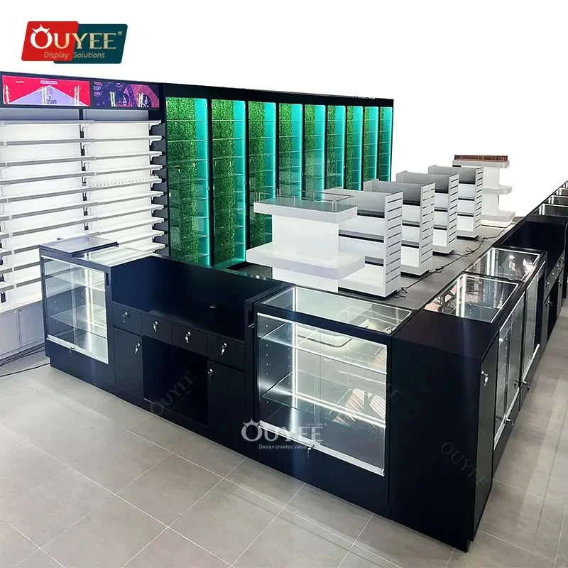 custom.Retail Dispensary Furniture Shop Wood Display Cabinet Showcase Cabinet Shop Design Smoke Shop Custom With Glass