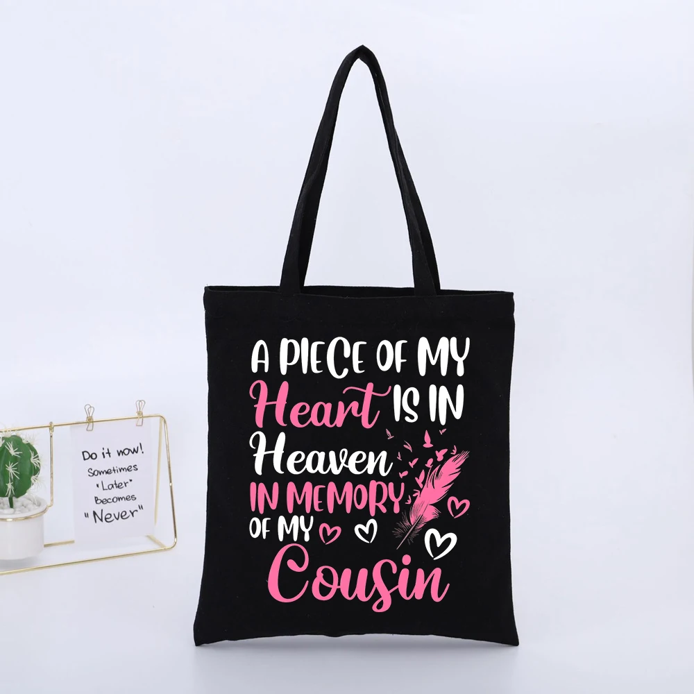 Typography Print Black Canvas Tote Bag with Heart and Feather Design, Casual Style for Daily Use