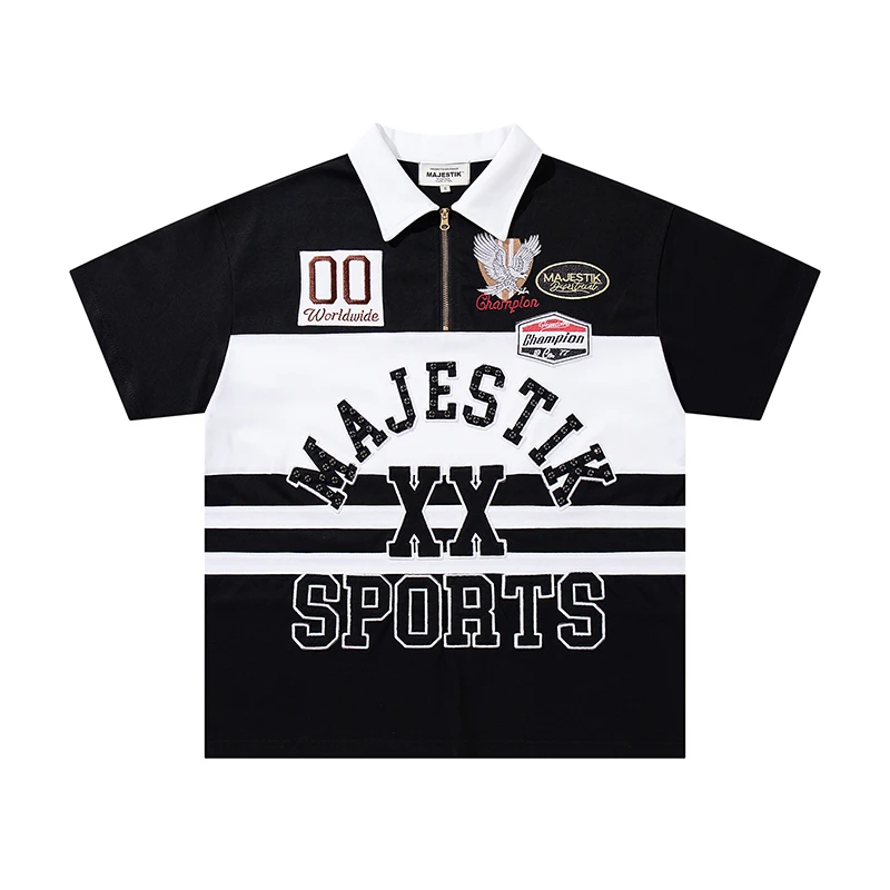 2026 New Arrival MAJESTIK Men Polo Shirt Black White Color Block Multi Badge Patch Embroidery Letter Loose Fit Sport Tee Top