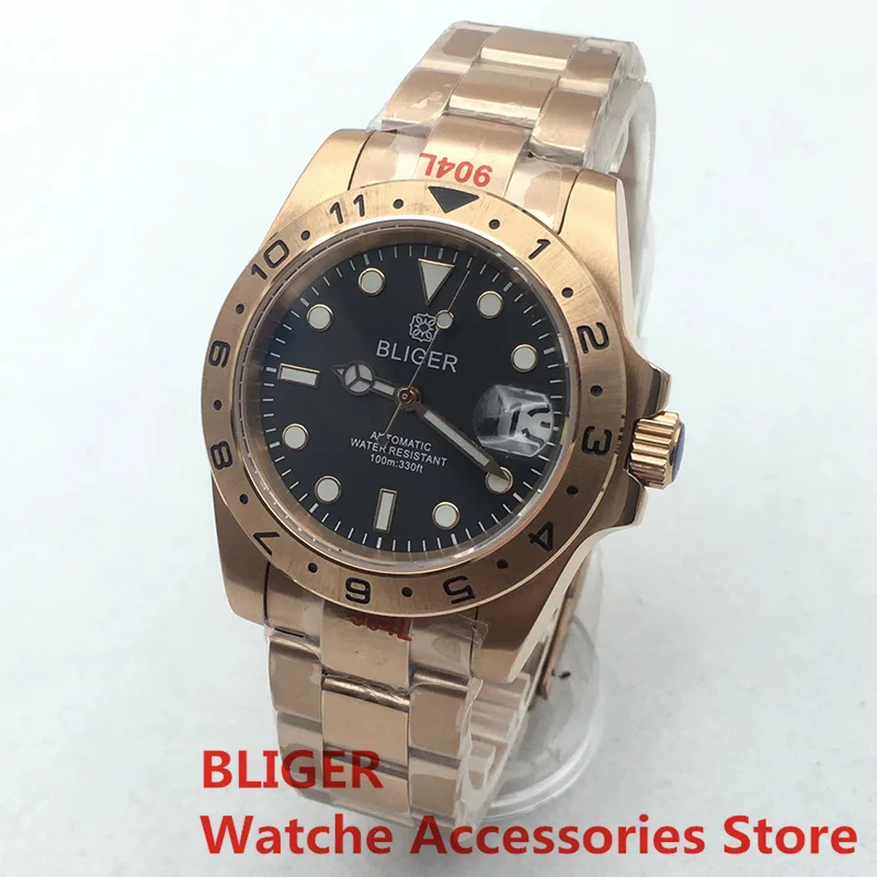 BLIGER Rose Golde 40mm NH35 Automatic Movement Black Logo Dial Stainless Steel Sapphire Glass Bead Strap Men Watches