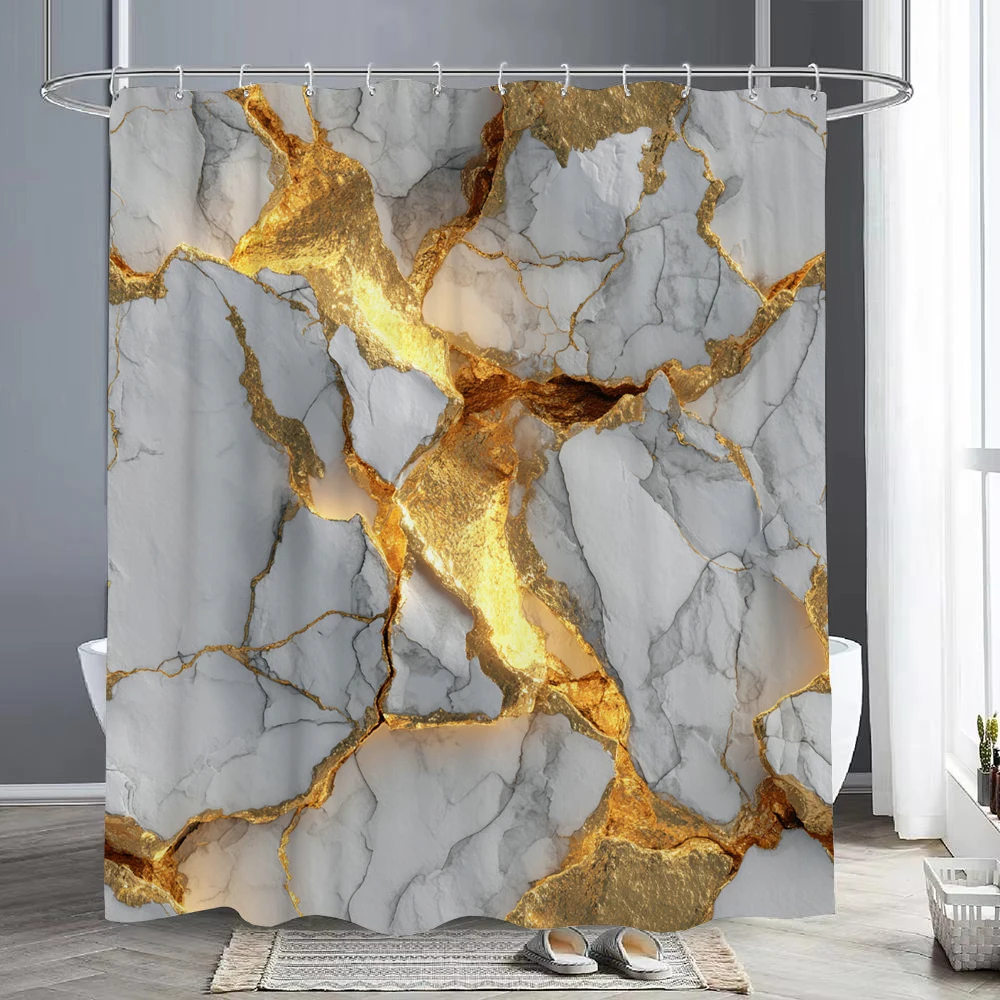 Luxury Abstract Background Liquid Grey and Gold Marble Texture Shower Curtain,Bathroom Decorative Shower Curtain,  with Hooks