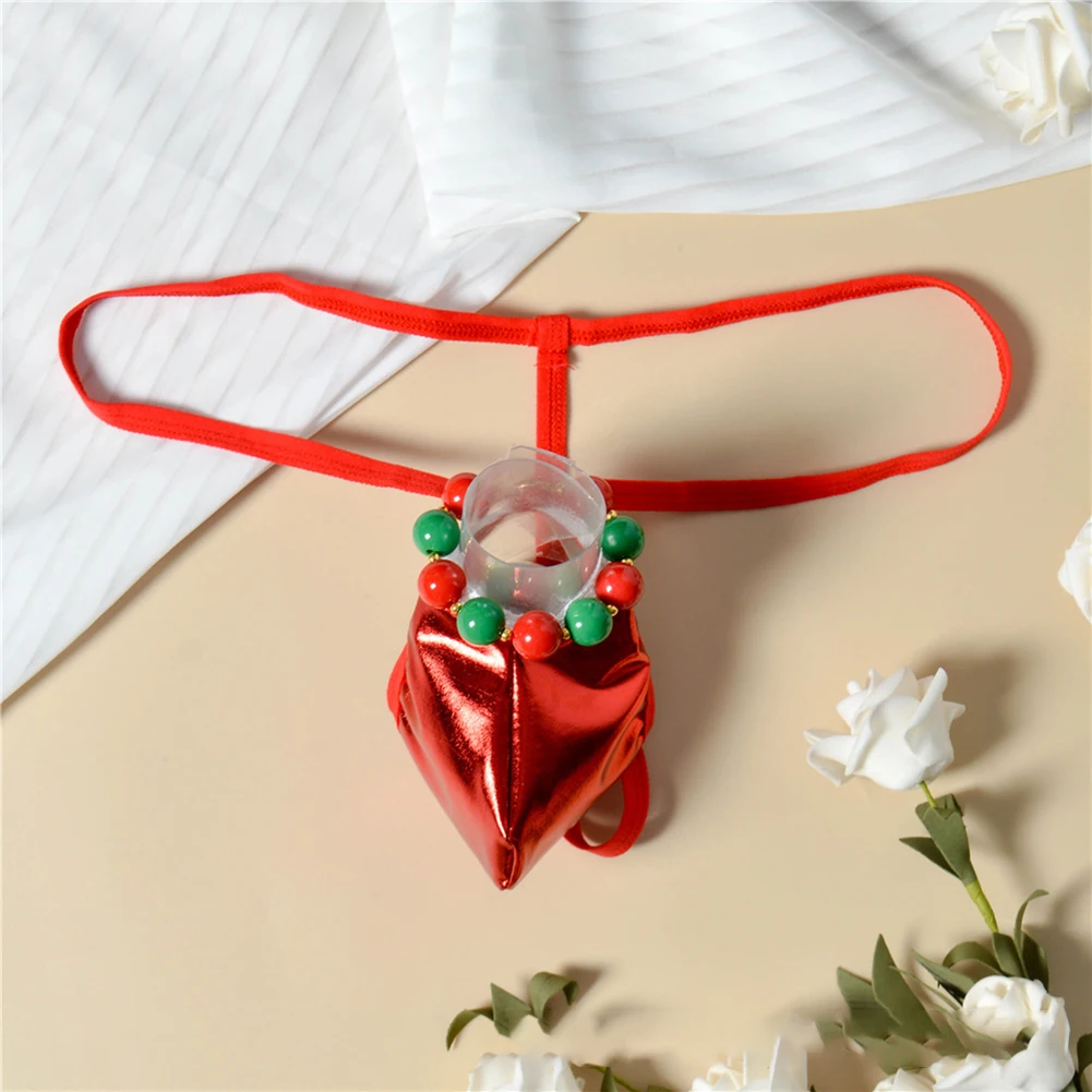 1pc Christmas Men O-Ring Pouch Glossy G-String Sexy Butt Exposed Thong T-back Erotic Lingerie Red And Green Beaded Underwear
