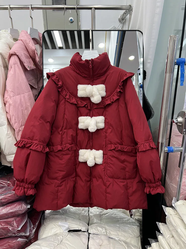 Neue Weihnachts-Daunenjacke im chinesischen Stil für Damen, mittellang bis lang, Stil 2025, Winter, neue Pendel-Daunenjacke mit weißer Ente, trendig