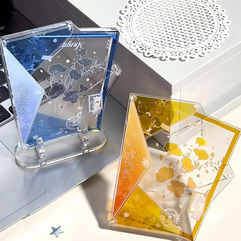 New 2Pcs Acrylic Photo Frame with Base Ginkgo Floral Print Photo Holder for 3inch Kpop Idol Card Postcard Display Stand Table