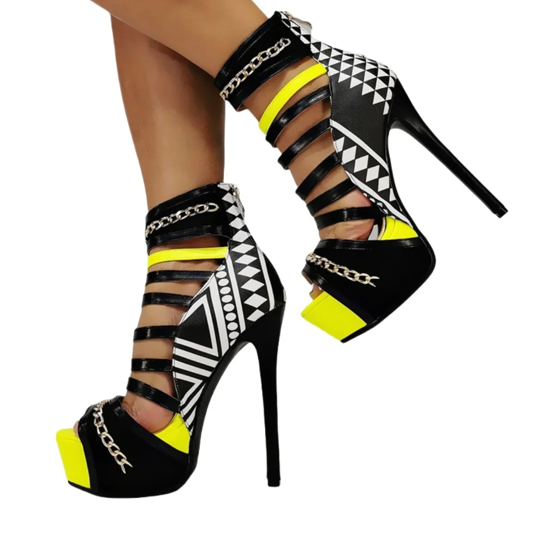 Geometric Printing Leather Ankle Chains High Heels Sandal Mixed Color Platform Patchwork Thin Heel Peep Toe Woman Pumps