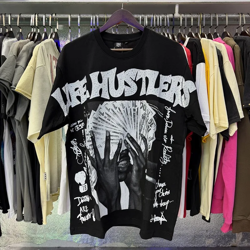 American Casual Fashion Life Hustlers T-shirt High-quality Comfortable Cotton Rhinestone Printed Short Sleeved Top Men Women