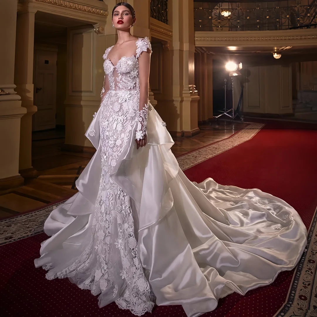 

Очаровательное свадебное платье с цветочной аппликацией со съемным шлейфом, сексуальный халат русалки невесты, свадебное платье с открытой спиной, индивидуальное платье Vestido De Novi