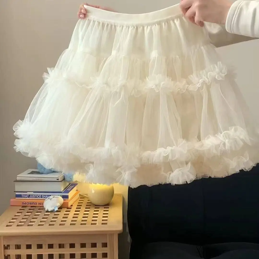 

Princess Style Semi-Body Skirt with Lace And Mesh Puffy Design Anti-Light Short Skirt for Spring Casual High Waist Cake Skirt