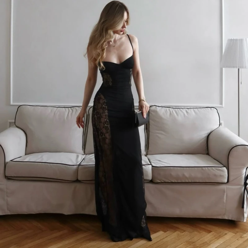 

Tsiisd Sexy Lace Hollow Out Halter Dress Female Slim Backless Sleeveless High Waist Solid Party Dress Camisole Women Long Dress