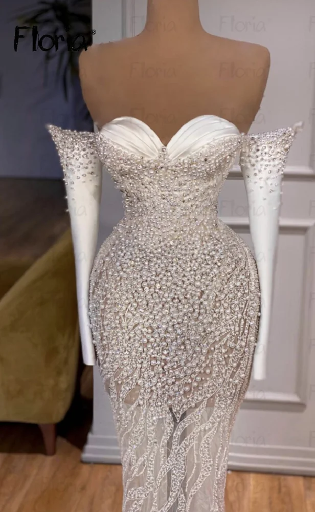 Chic Pearls Sweetheart abito da sera con spalle scoperte abiti da festa di nozze lucidi con perline complete 2023 Mermaid Vestidos De Noche personalizza