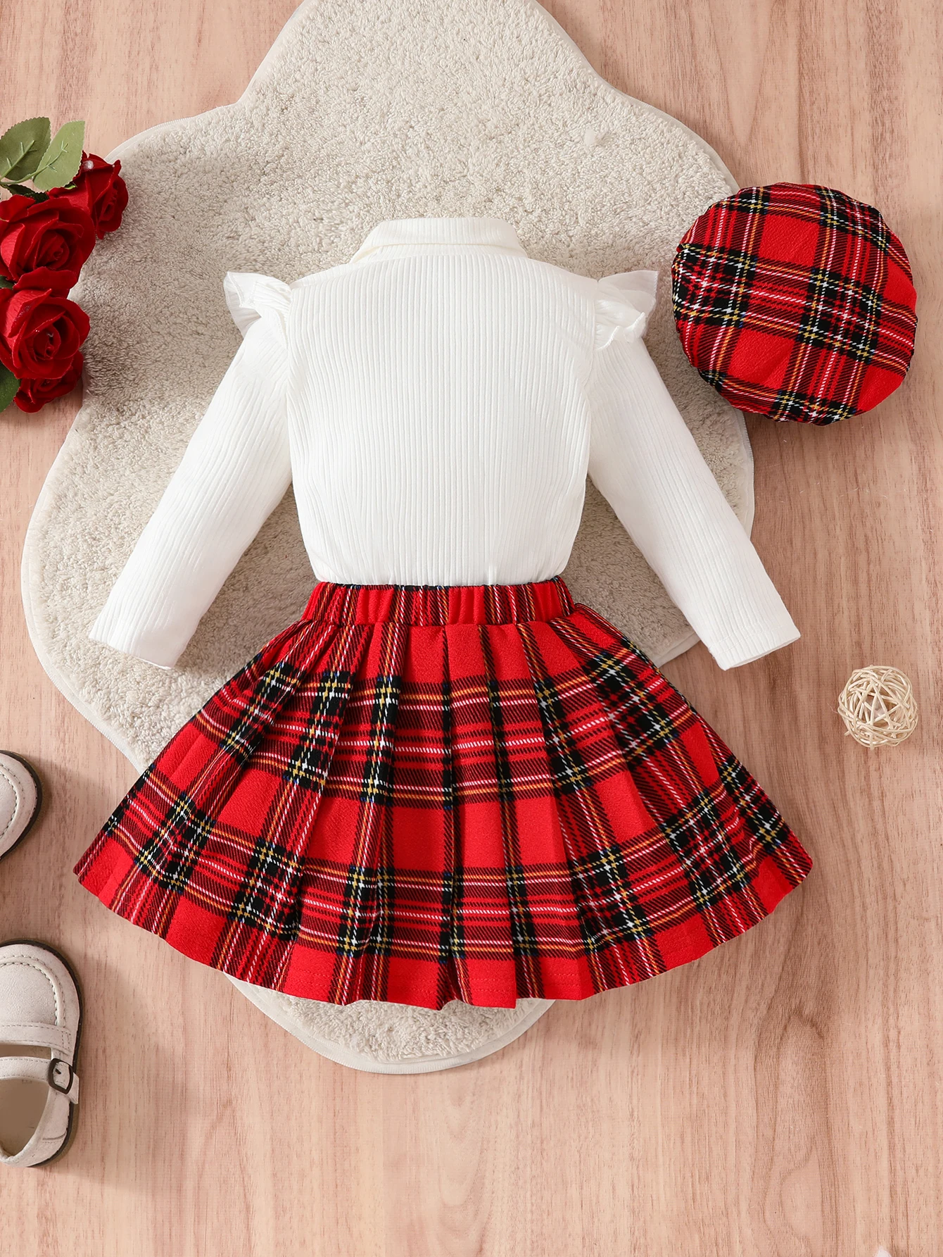 Baby girl design pleated sleeve bow design blouse + plaid A-line skirt + hat English style three-piece set