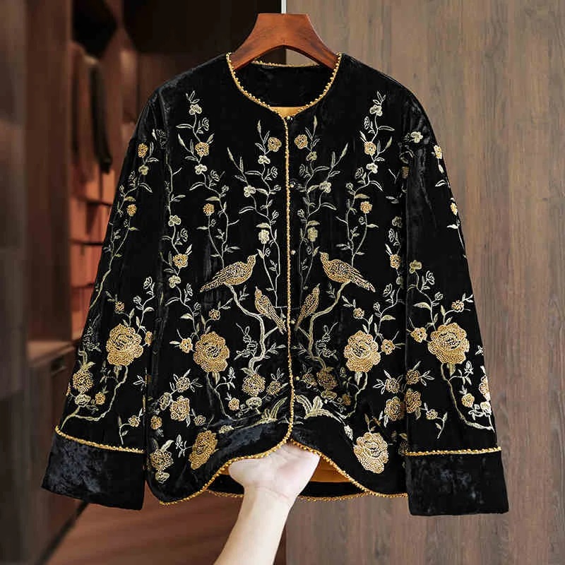 Exquisite Luxury Beading+ Embroidered New Silk+Velvet Coat Chinese Style O-Neck Cotton Jacket Women\'s Winter S-XL