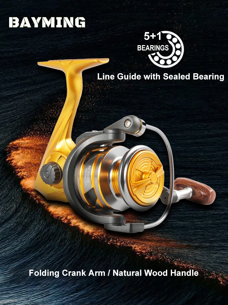 

5.2:1 Front Drag Spinning Reel 2000/3000 - Aluminum Deep Spool Saltwater Fishing Reel with Wood Handle, 6kg Drag & Foldable Arm