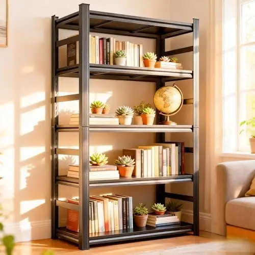 5 Tier Metal Bookshelf with Anti-Drop Fence, Bolt-Free Adjustable Tall Bookcase, Heavy Duty Modern Deep Office Book