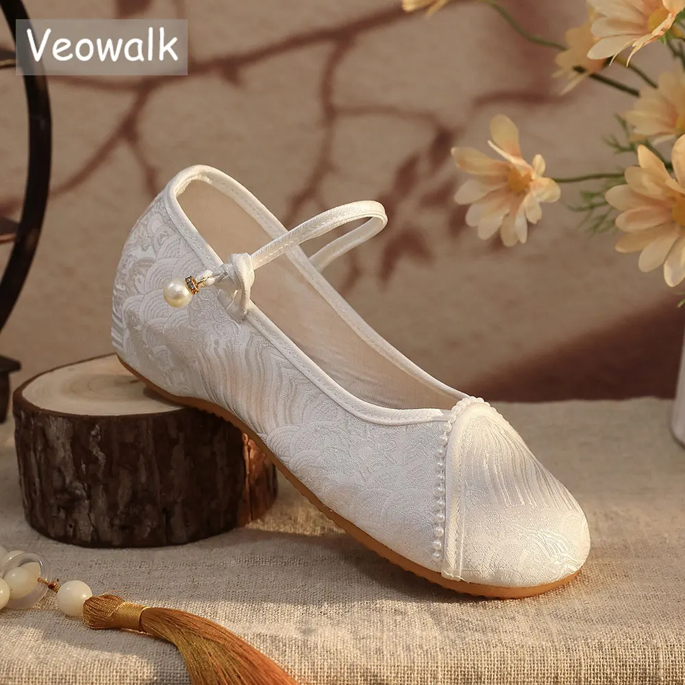 Veowalk Vintage Chinese Style Cotton Fabric Women Round Toe Shoes Comfortable Ladies Embroidered Pearl Decoration Ballet Flats
