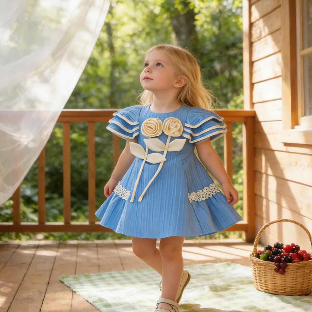 Baby Girls Flower Layered Sleeve Princess Dress For Infant Kids 1st Year Birthday Formal Evening Party Baptism Ceremony Vestidos