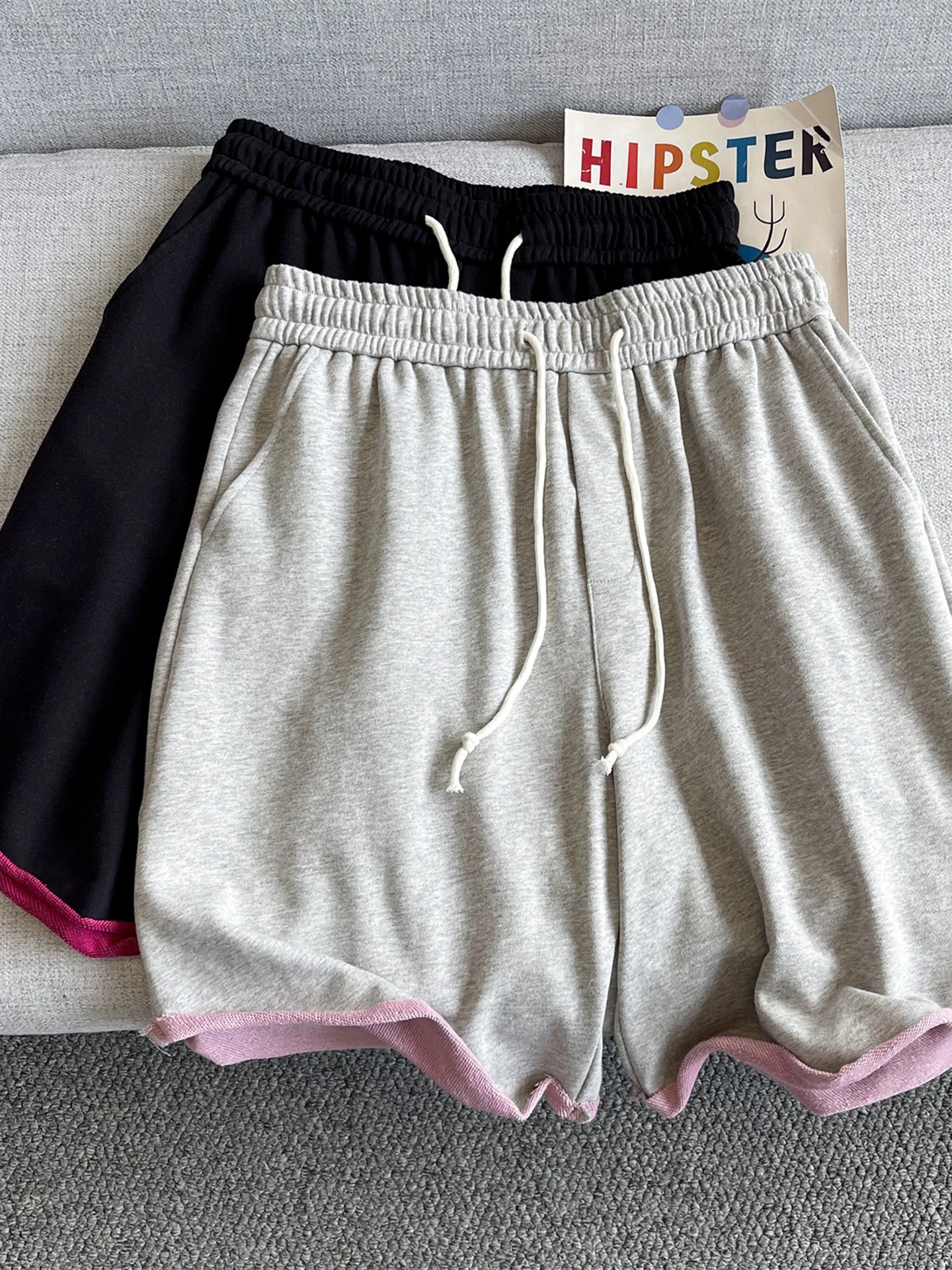 

American Retro Loop Casual Shorts Men Summer New Color Block Drawstring Loose Sports Five Parts Cotton Straight Leg Pants